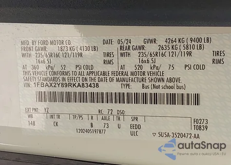 2024 Ford Transit-350 Passenger Van Xlt из США, поврежденный, VIN 1FBAX2Y89RKA83438